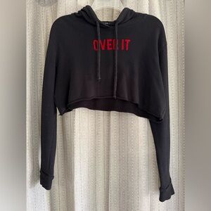 Trendy Black Cropped Hoodie with Red Lettering